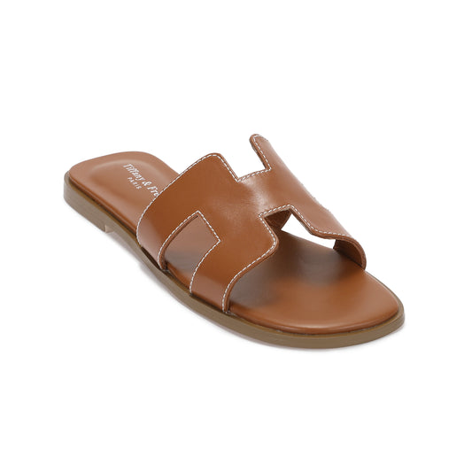 Tan Cutout Leather Slide Sandals