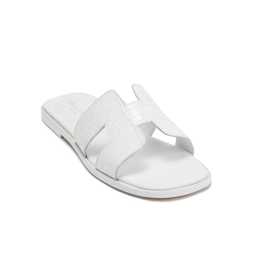 White Croco Cutout Leather Slide Sandals