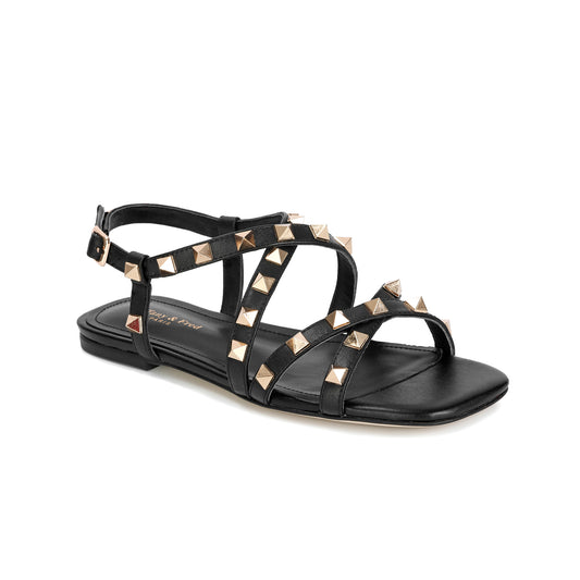 Black Studded Leather Flat Ankle Strap Sandals