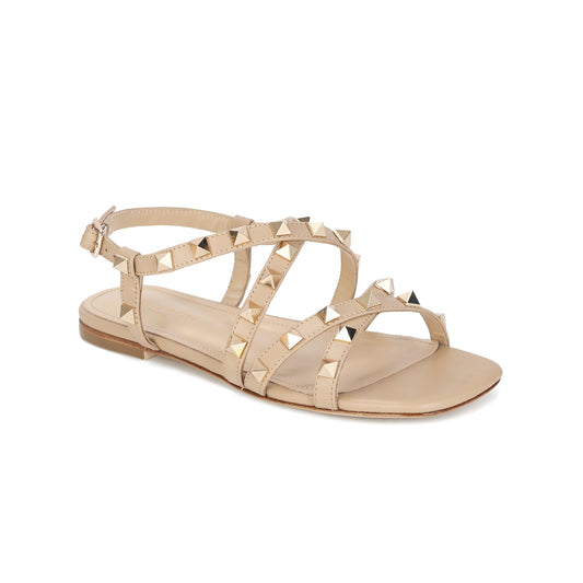 Nude Studded Leather Flat Ankle Strap Sandals