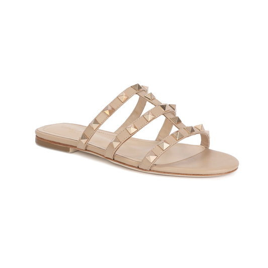 Beige Studded Leather Multi-strap Slide Sandals