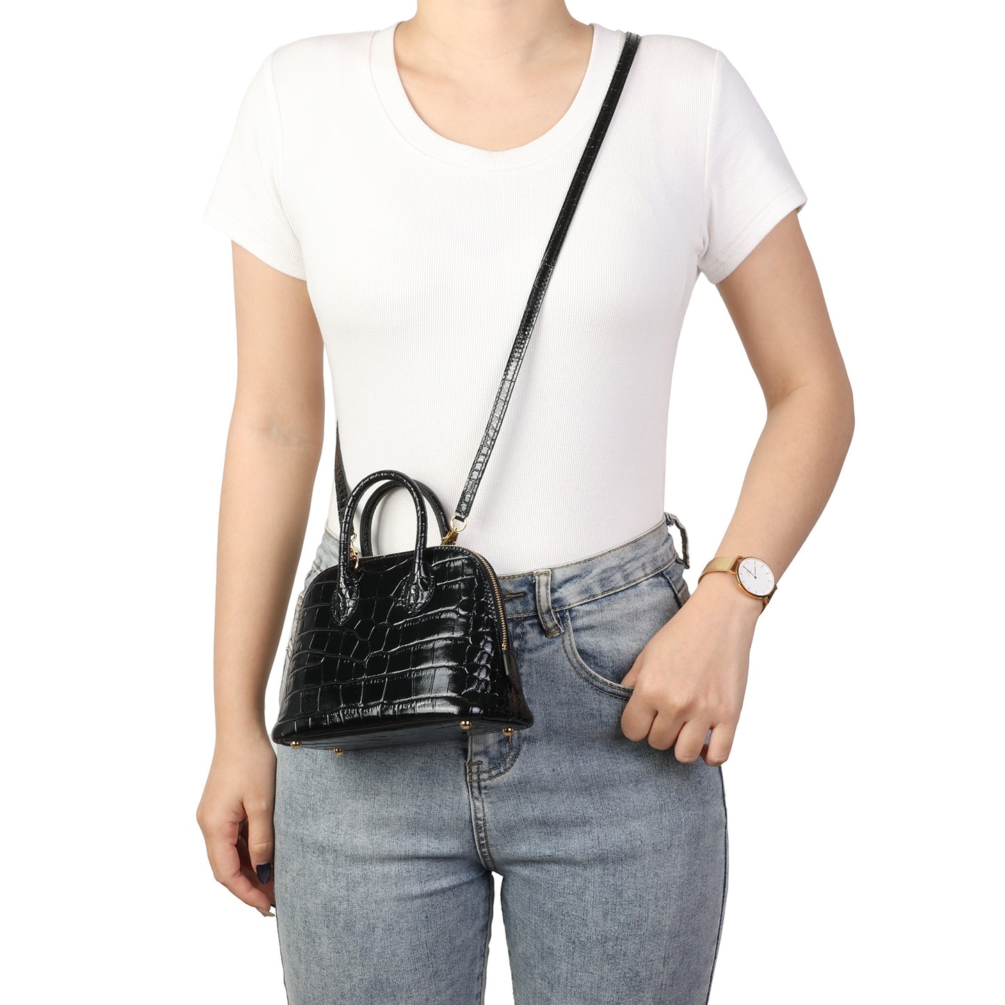 Mini Croc-Embossed Leather Dome Satchel