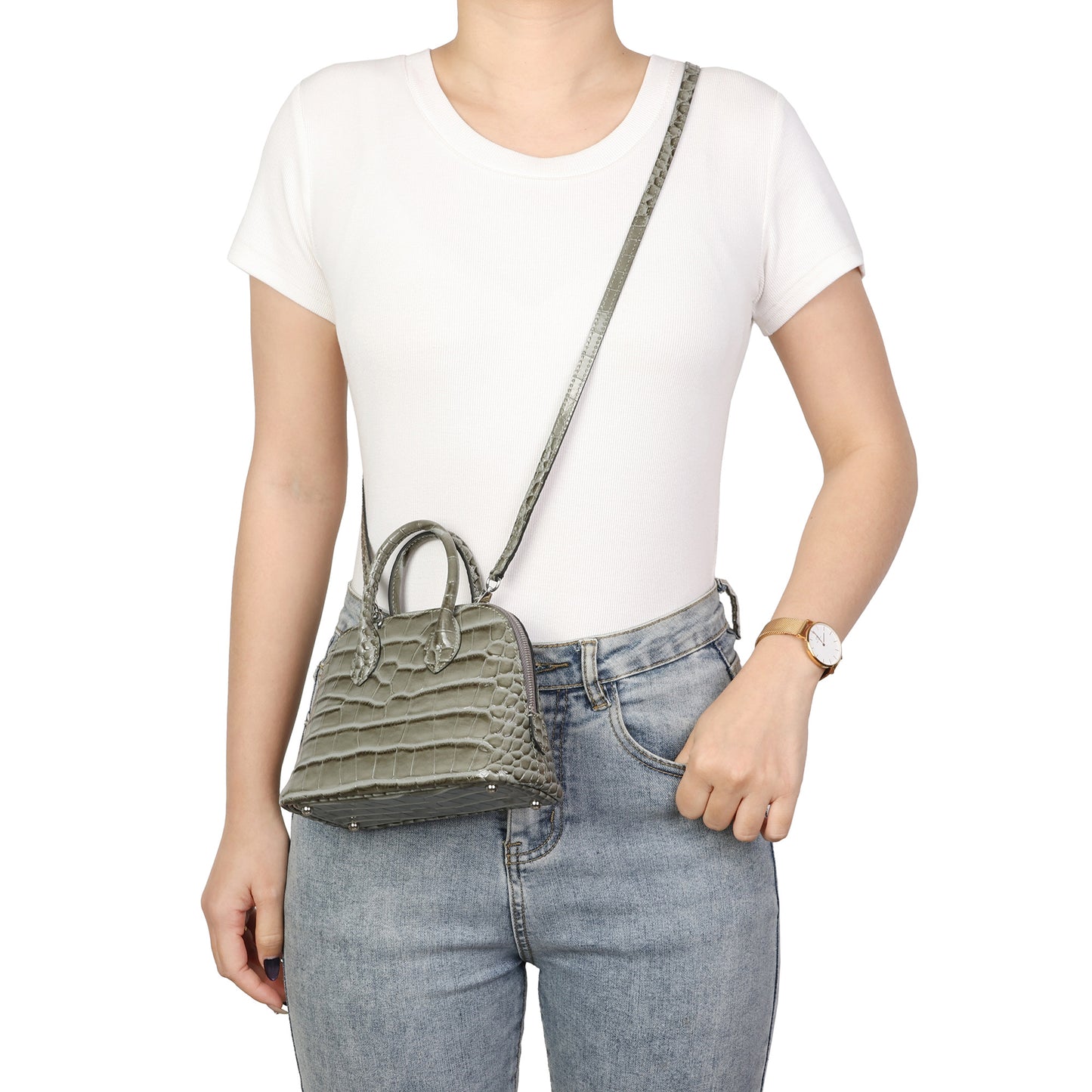 Mini Croc-Embossed Leather Dome Satchel