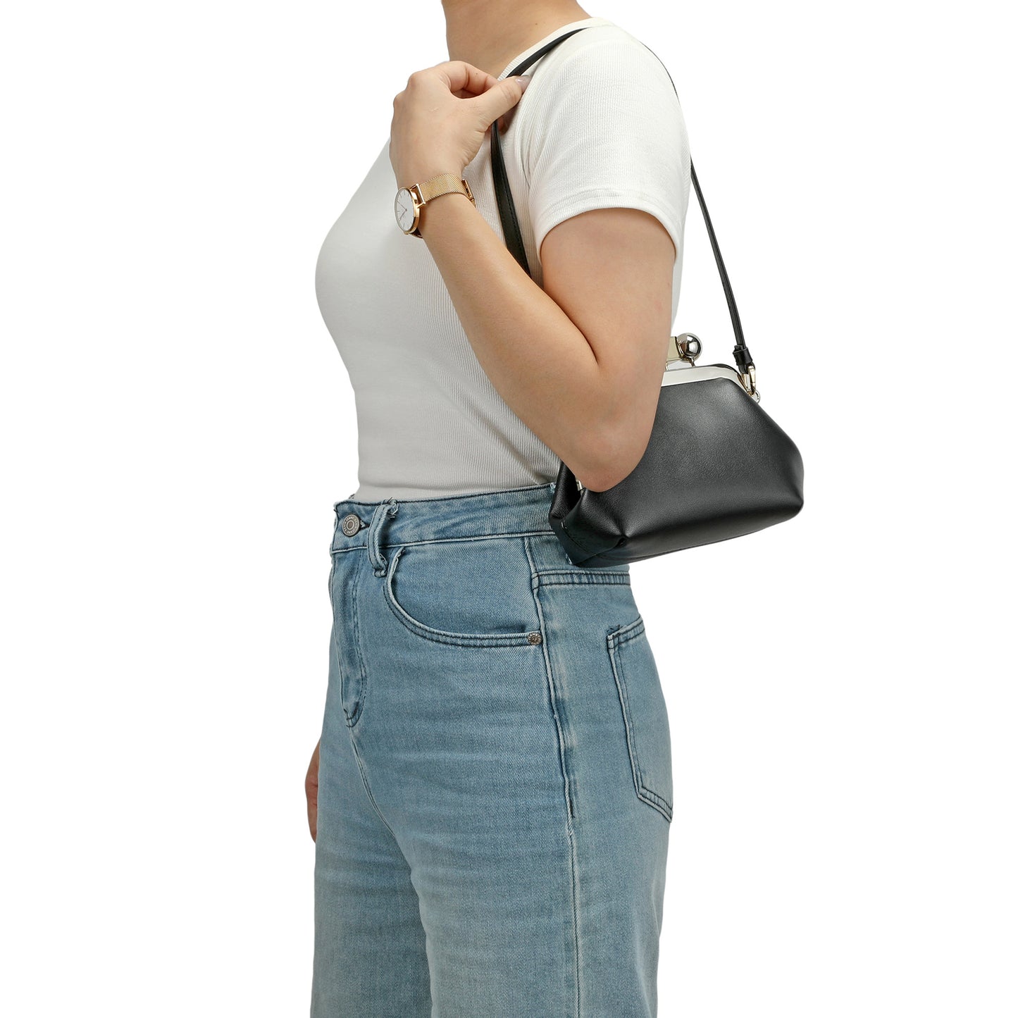 Leather Frame Shoulder Bag with Sculptural Clasp