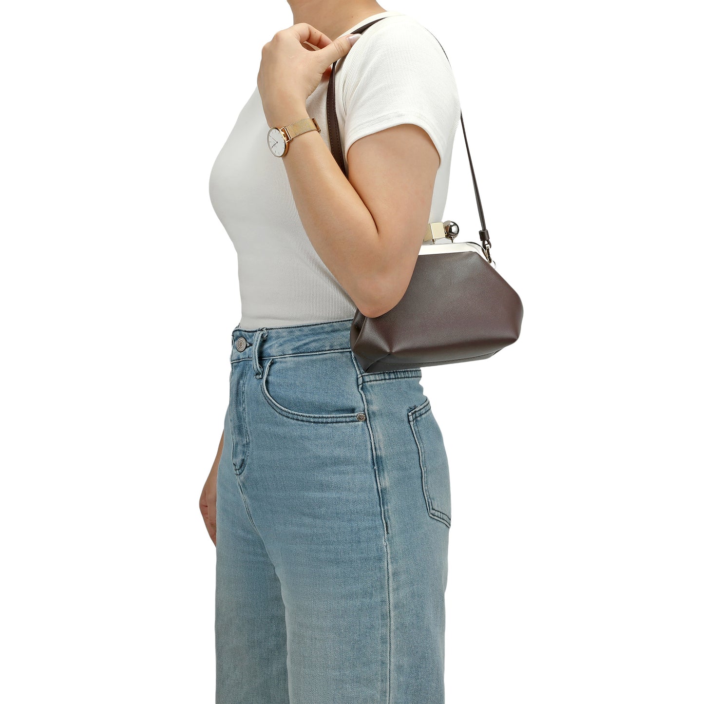Leather Frame Shoulder Bag with Sculptural Clasp