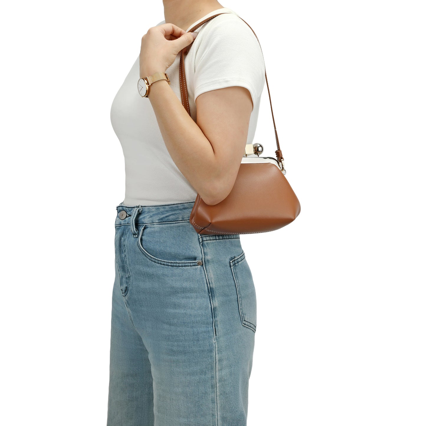 Leather Frame Shoulder Bag with Sculptural Clasp
