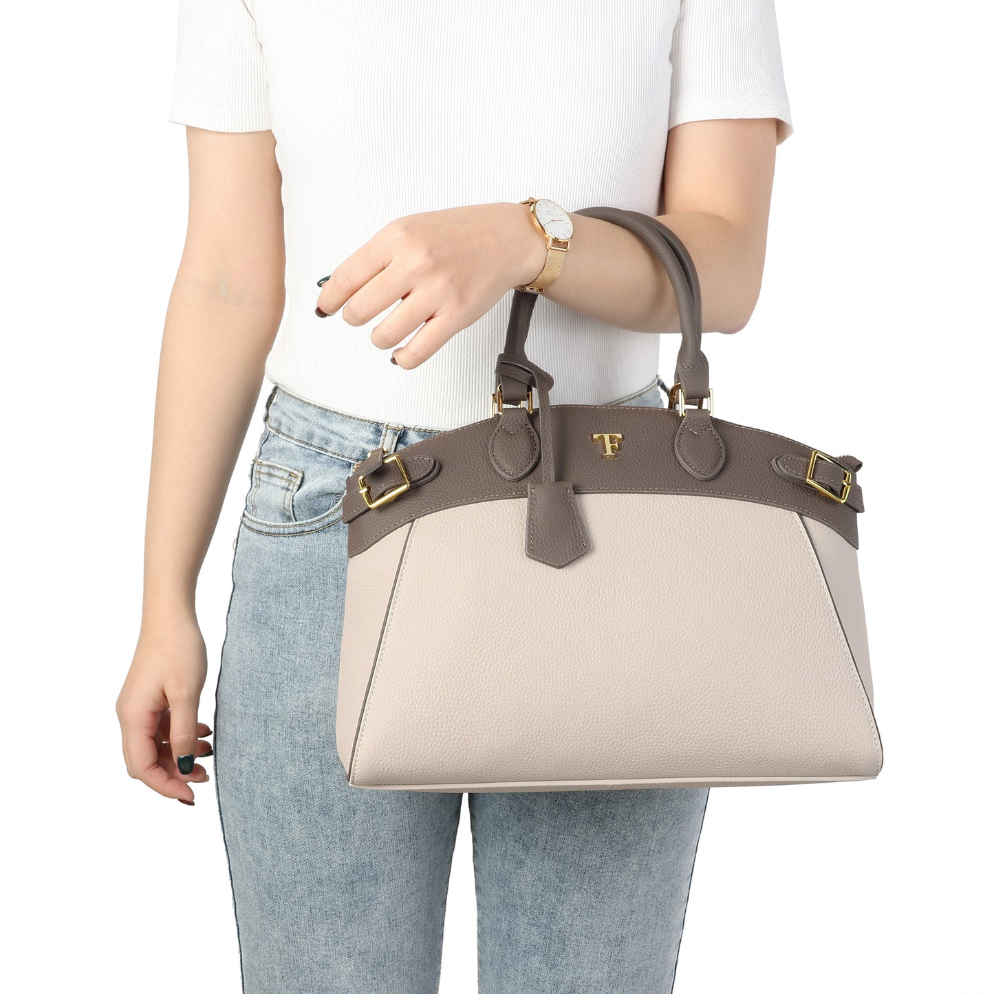 Tiffany & Fred Structured Leather Satchel with TF Gold-Tone Hardware