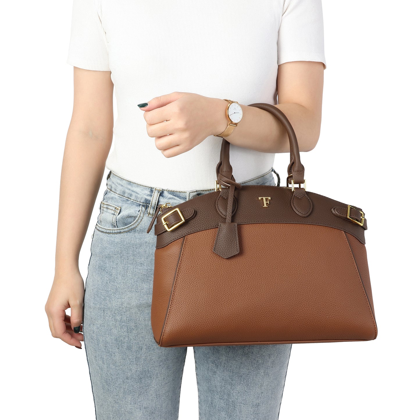 Tiffany & Fred Structured Leather Satchel with TF Gold-Tone Hardware