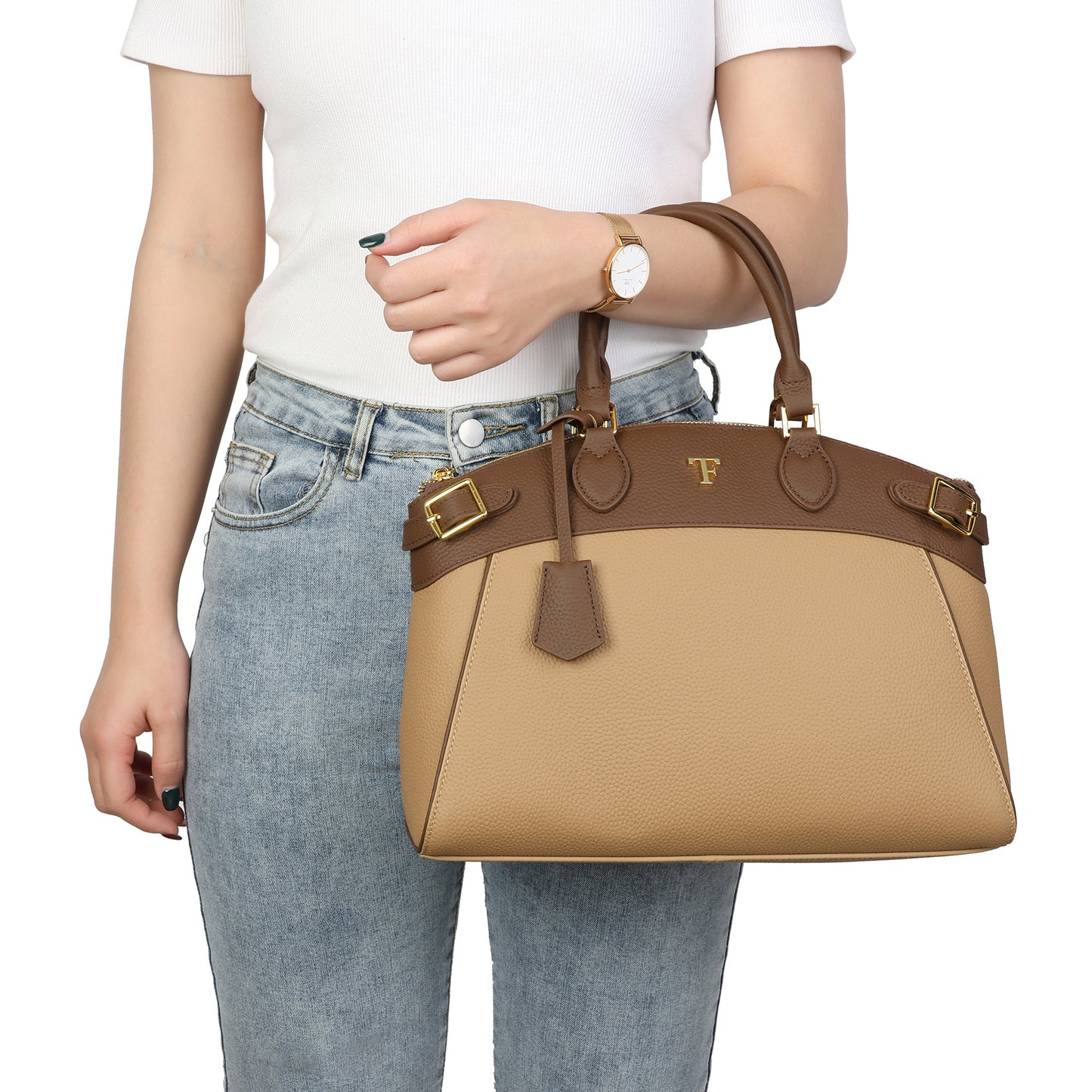 Tiffany & Fred Structured Leather Satchel with TF Gold-Tone Hardware