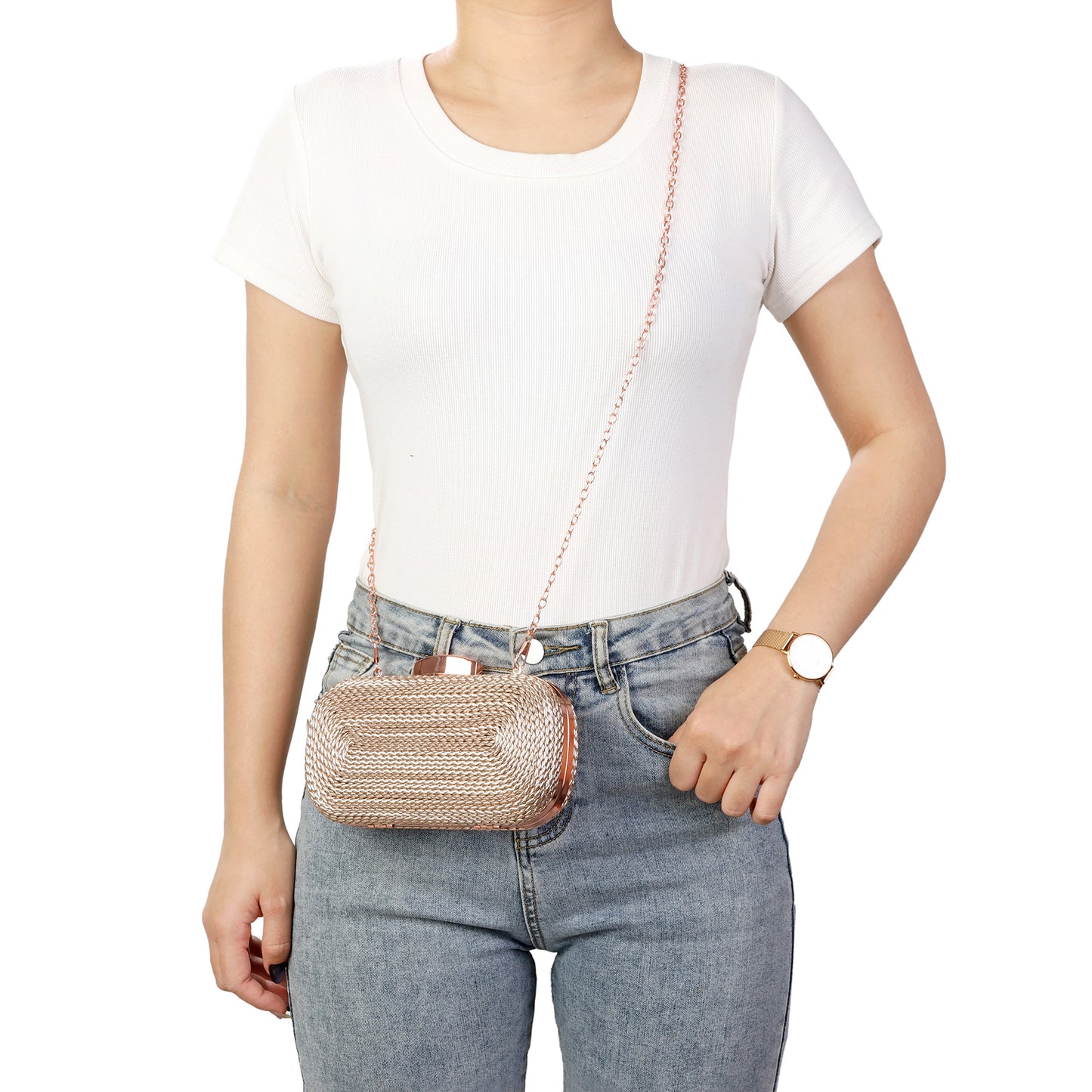Woven Metallic Frame Clutch with Chain Strap