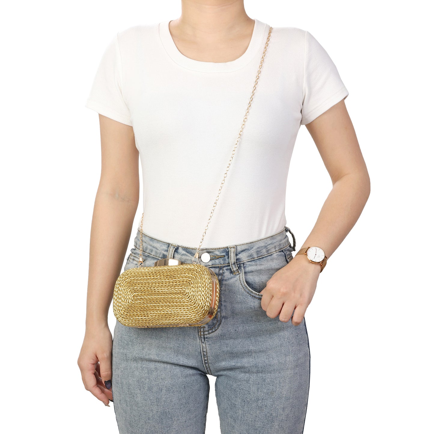 Woven Metallic Frame Clutch with Chain Strap