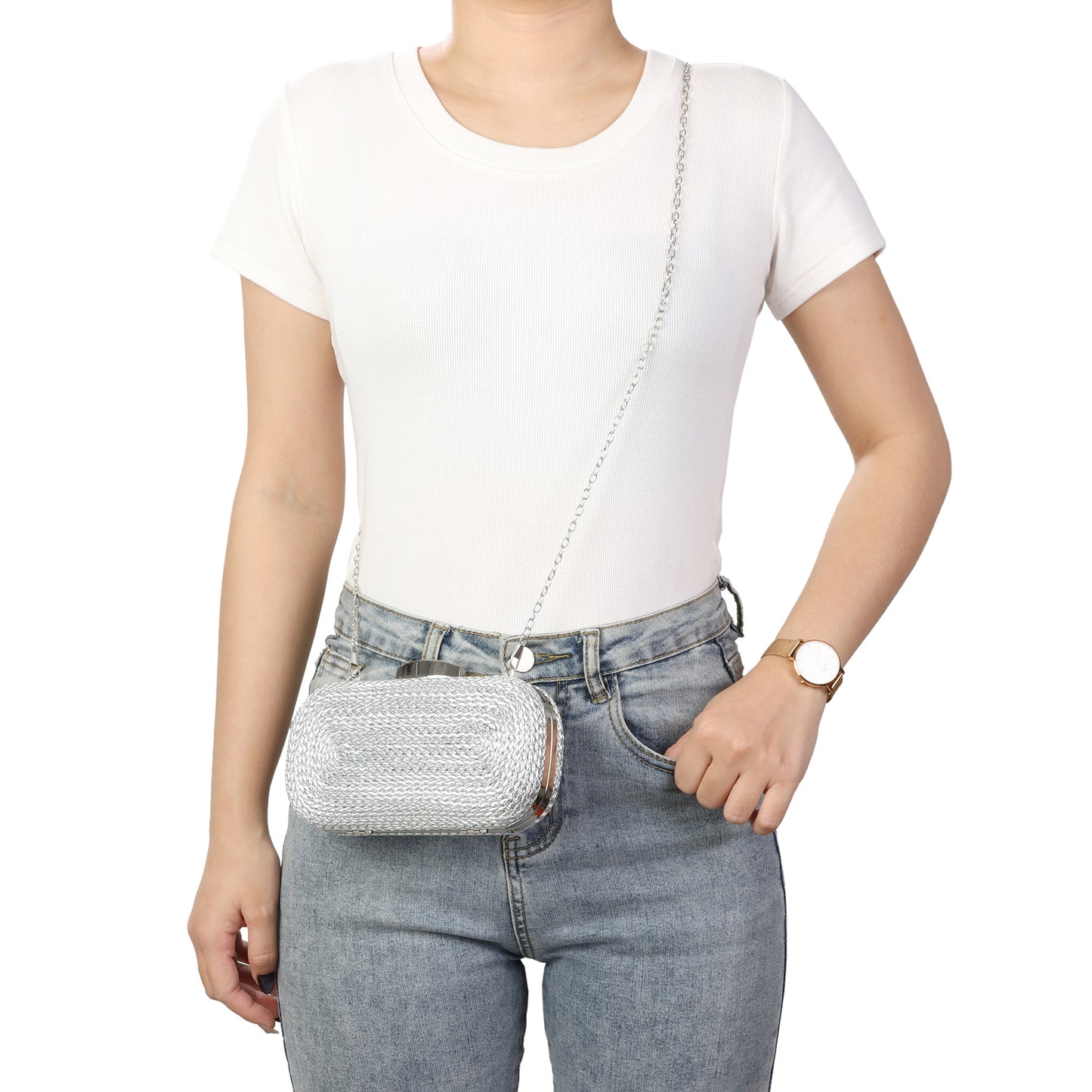 Woven Metallic Frame Clutch with Chain Strap