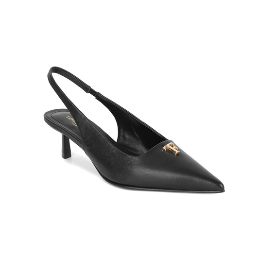 Black Leather Slingback Pointed Kitten Heel with Logo Accent