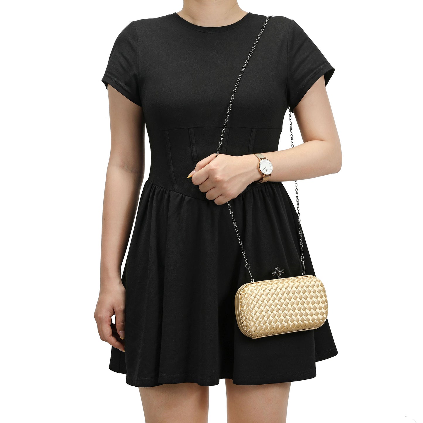 Woven Satin Evening Clutch with Chain Strap