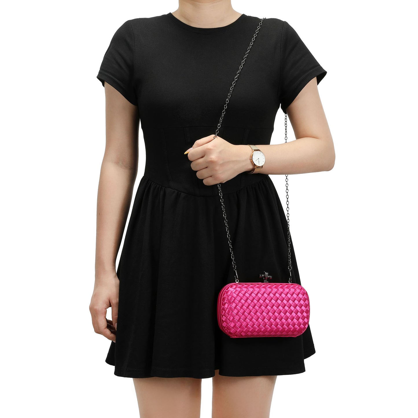 Woven Satin Evening Clutch with Chain Strap