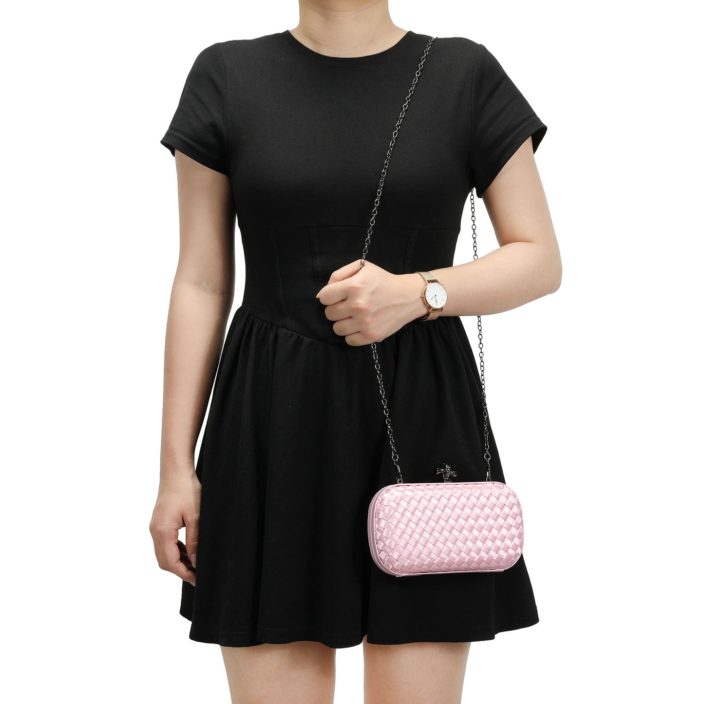 Woven Satin Evening Clutch with Chain Strap