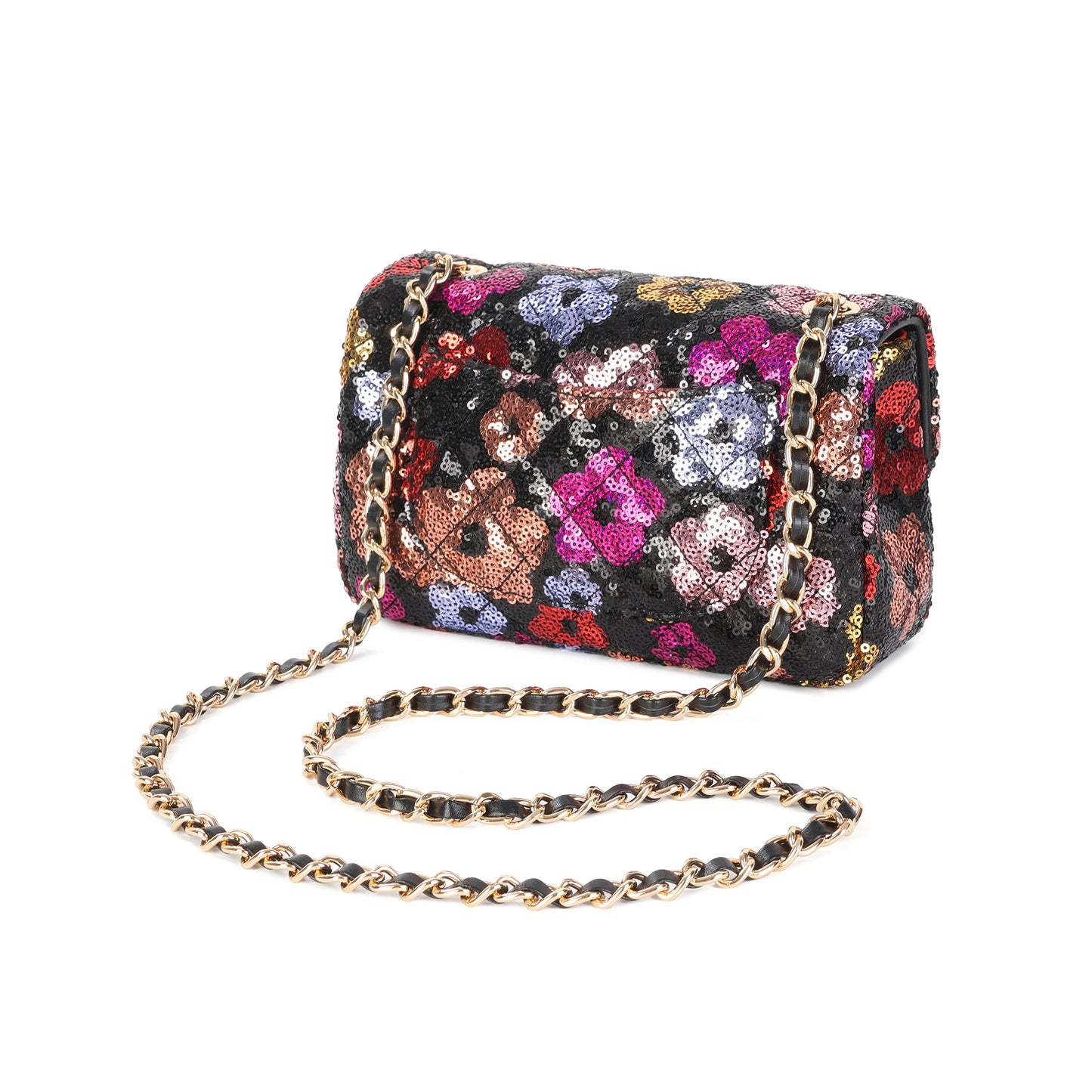 Sequin Floral Quilted Chain Crossbody