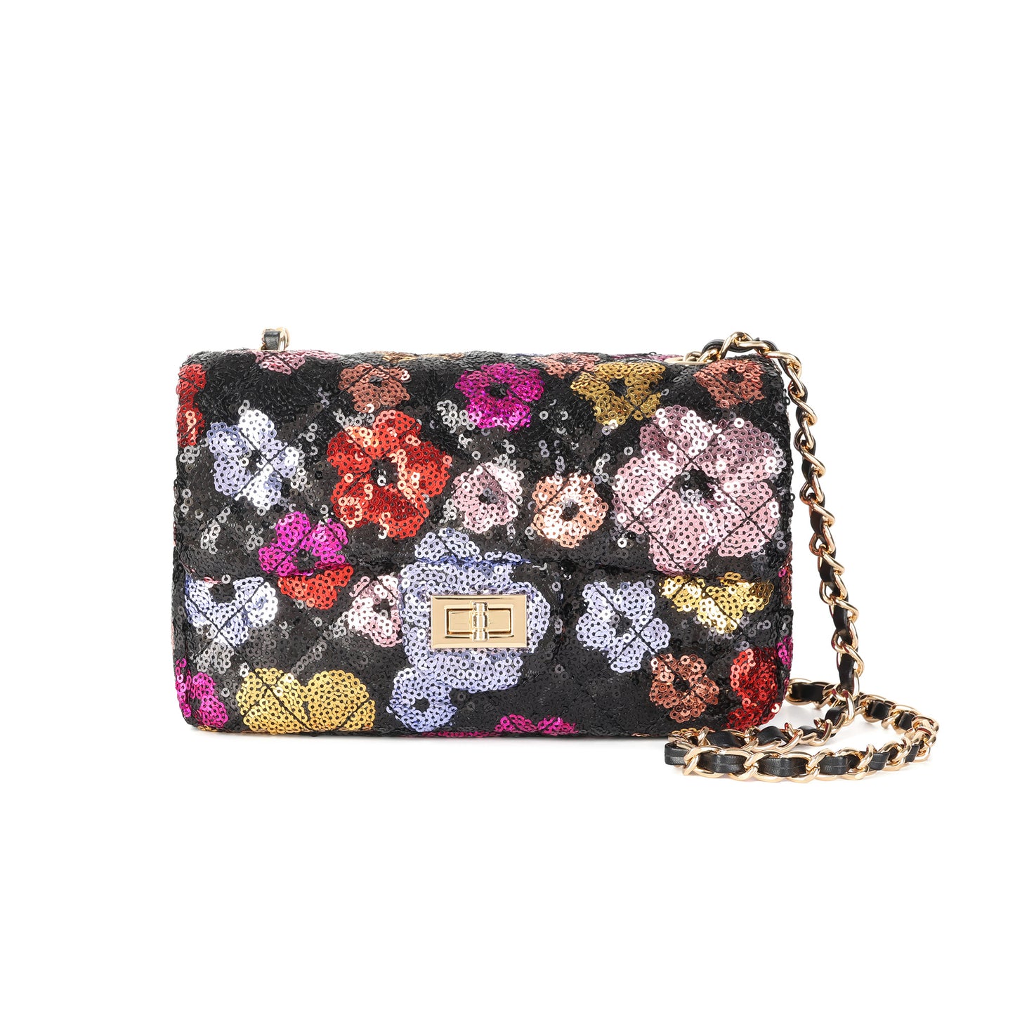 Sequin Floral Quilted Chain Crossbody