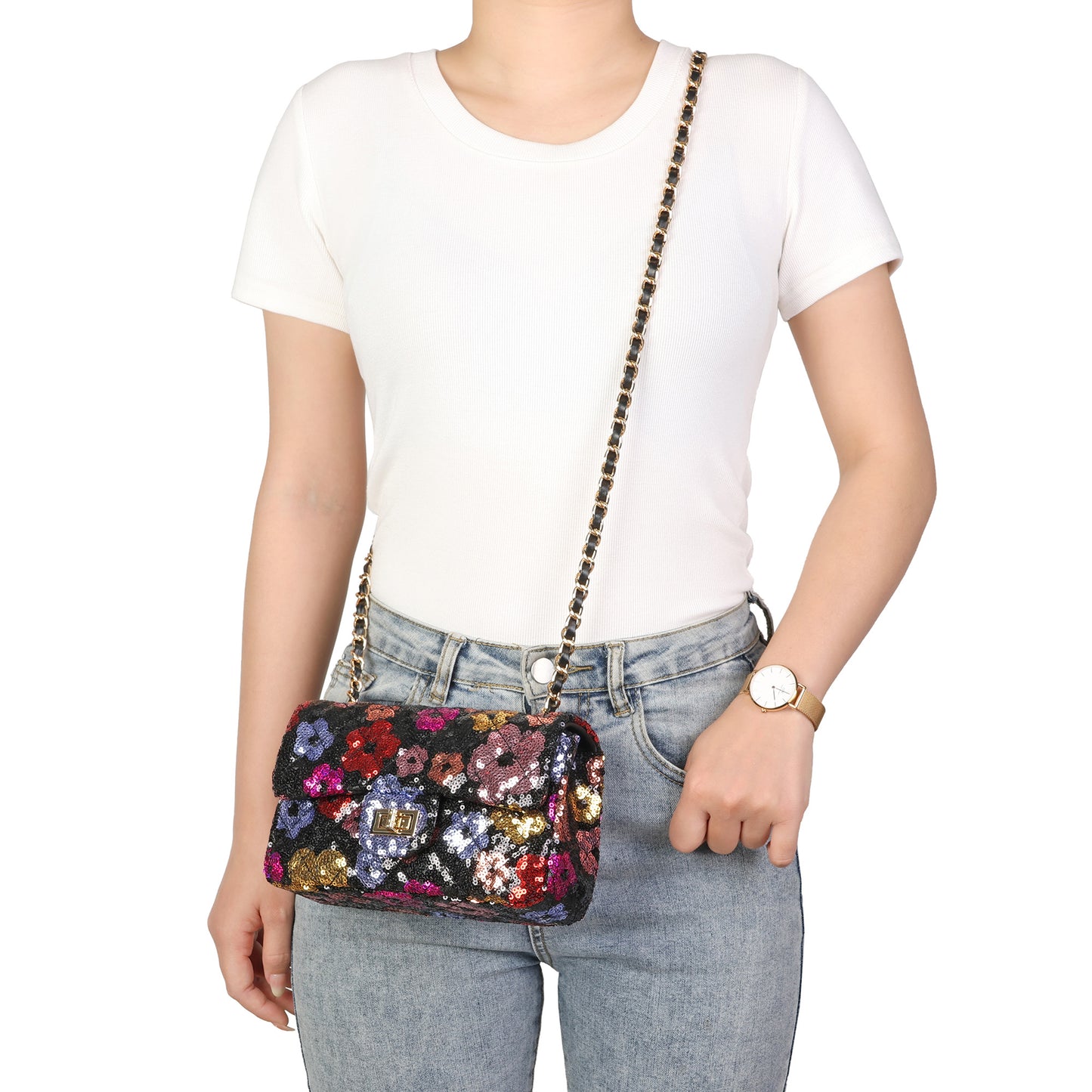 Sequin Floral Quilted Chain Crossbody