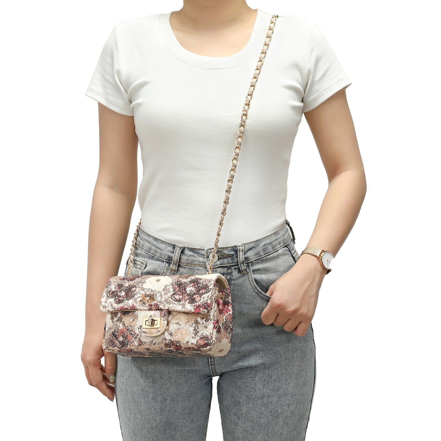 Sequin Floral Quilted Chain Crossbody