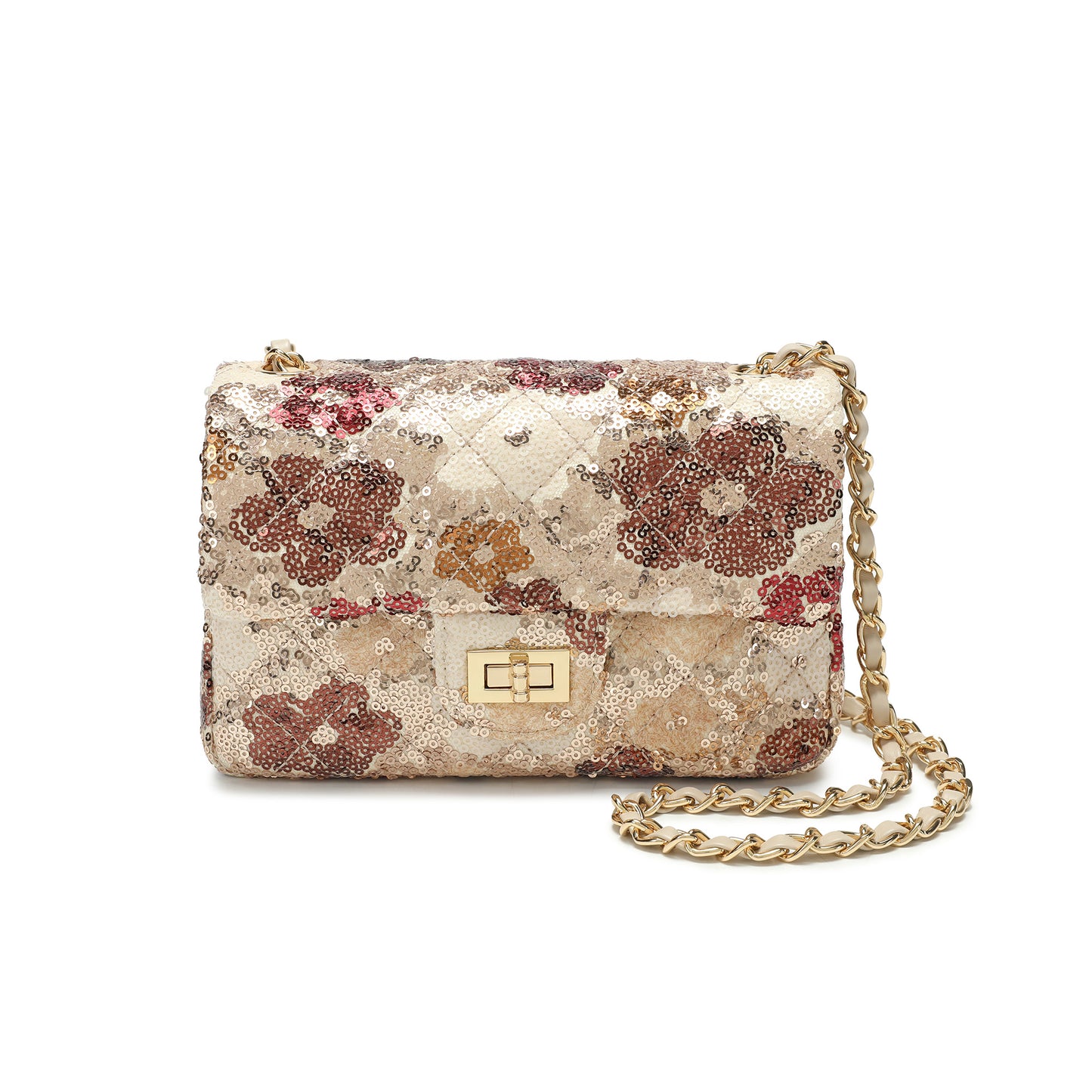 Sequin Floral Quilted Chain Crossbody