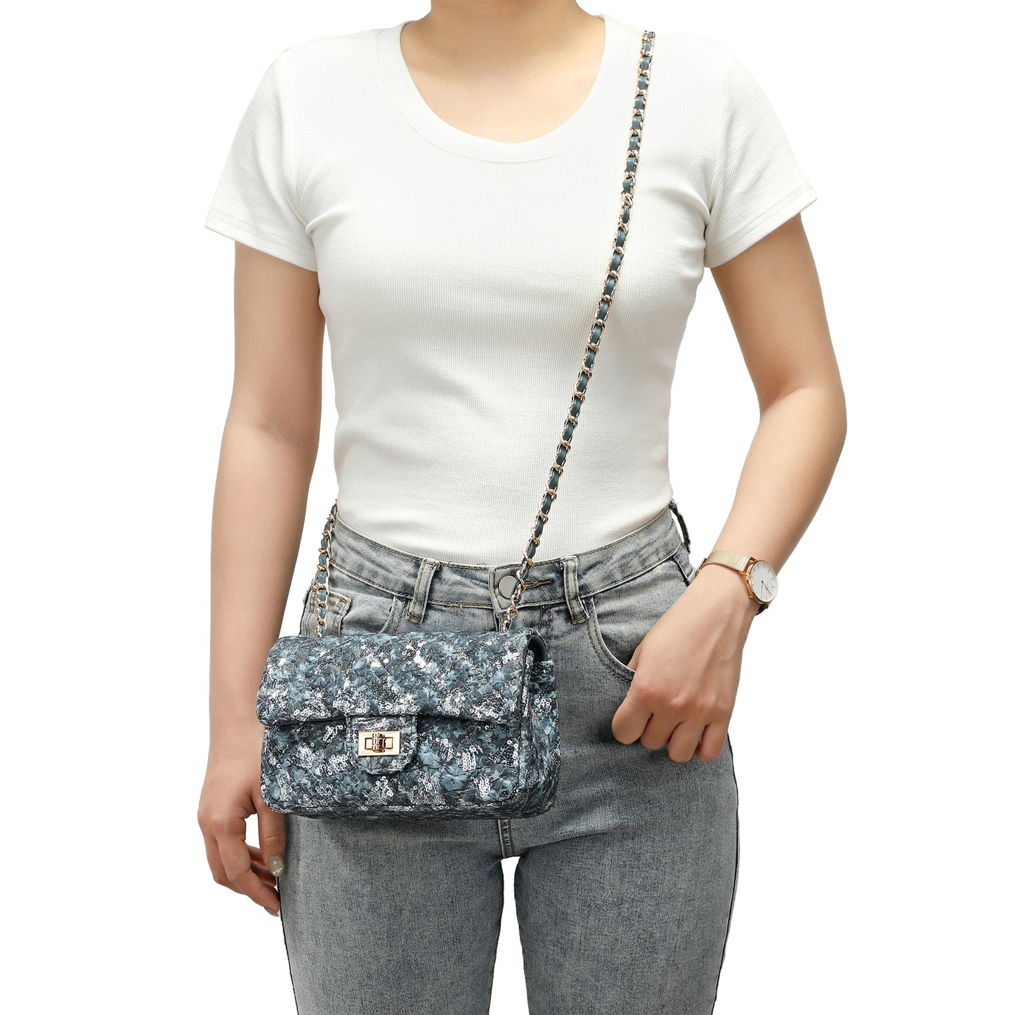 Sequin Floral Quilted Chain Crossbody