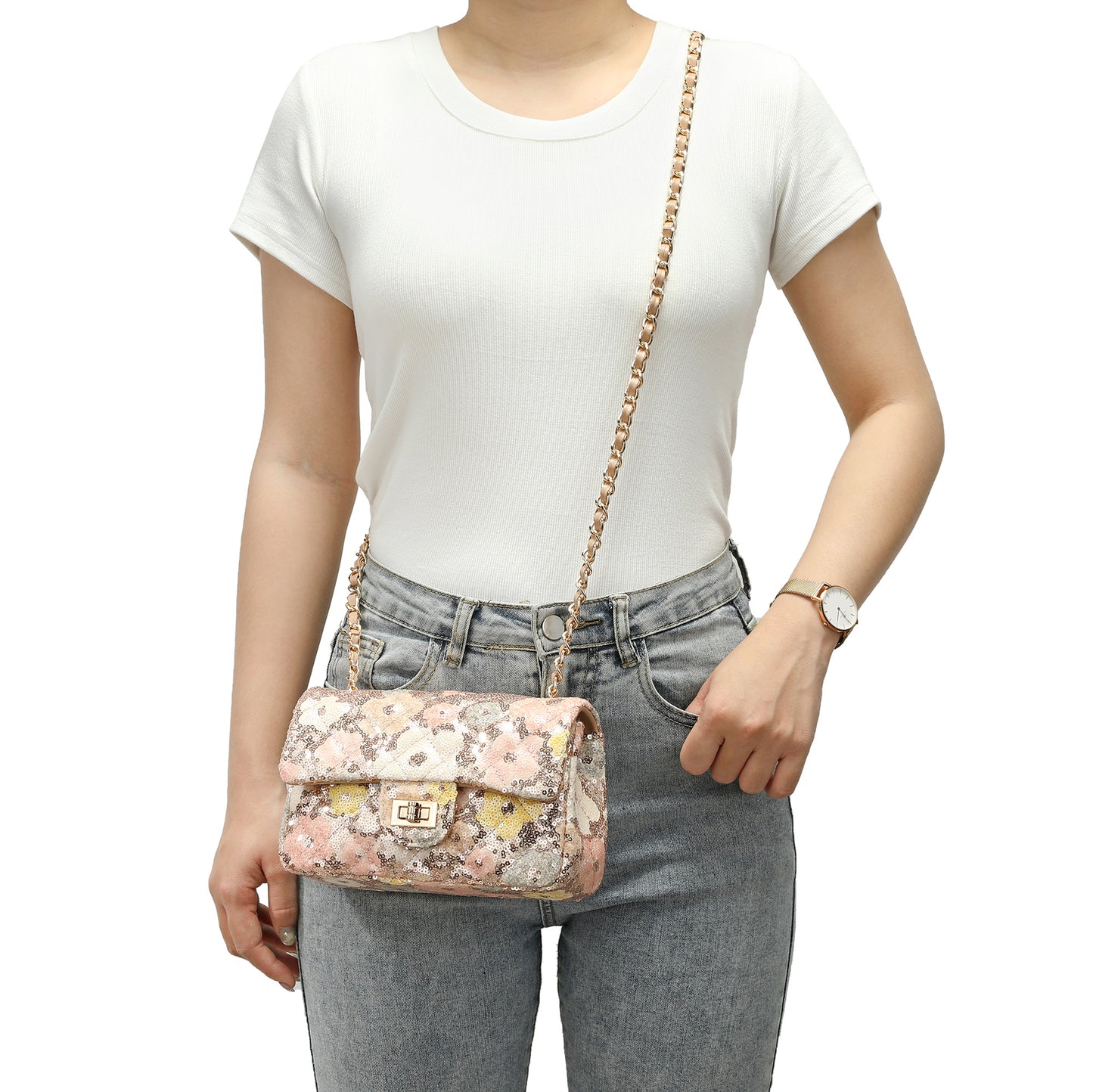 Sequin Floral Quilted Chain Crossbody