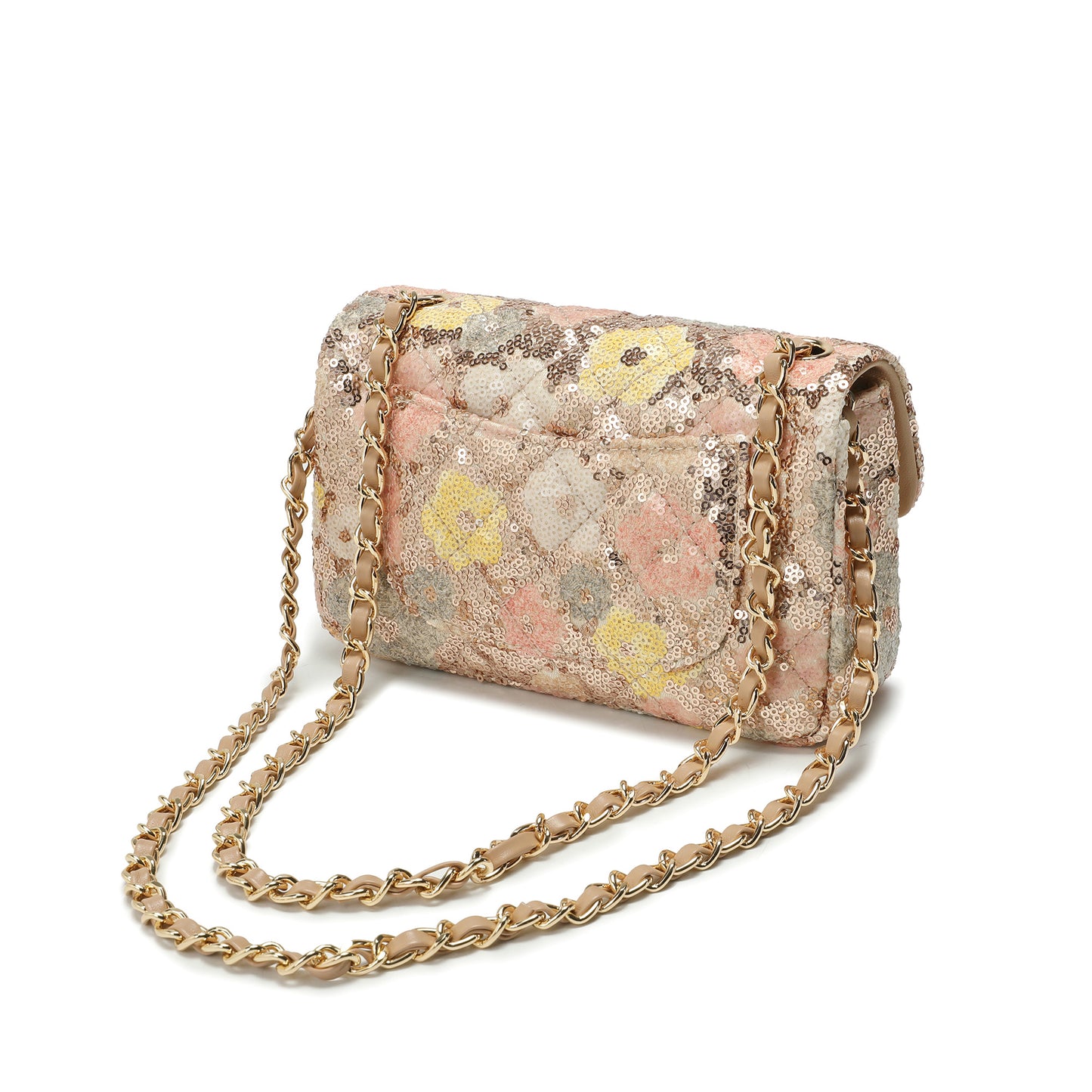 Sequin Floral Quilted Chain Crossbody