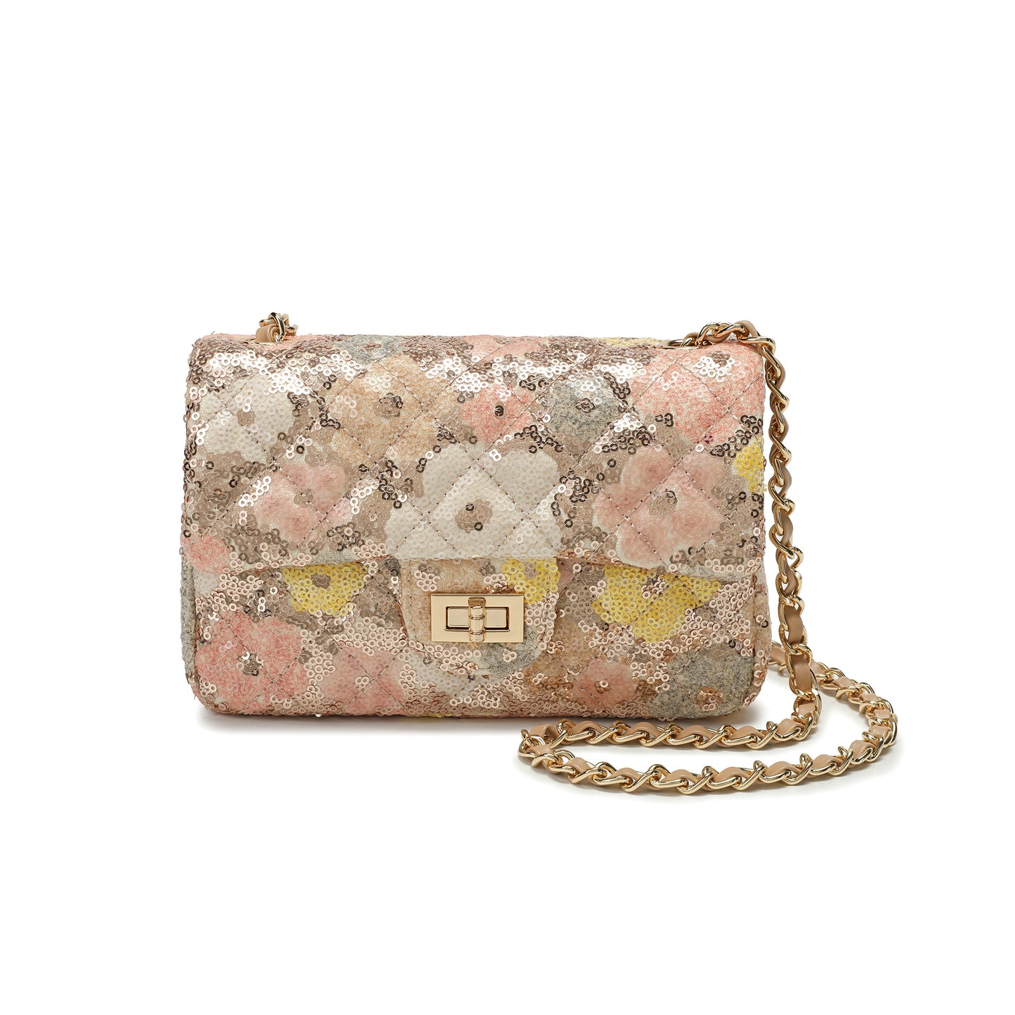 Sequin Floral Quilted Chain Crossbody