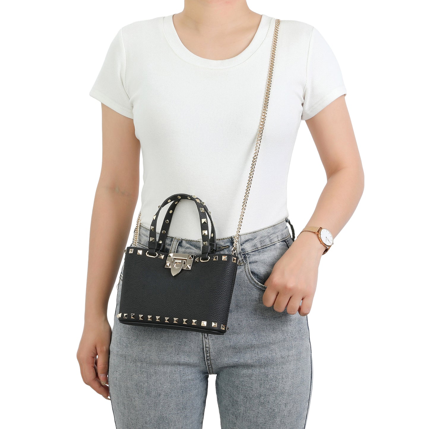 Studded Leather Top Handle Crossbody Bag
