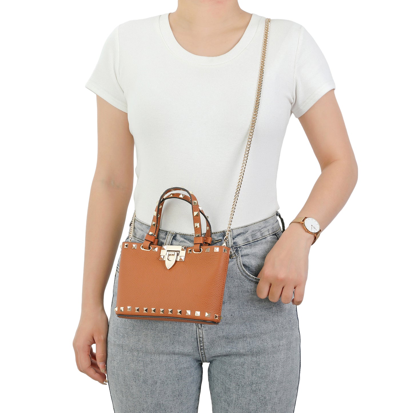 Studded Leather Top Handle Crossbody Bag