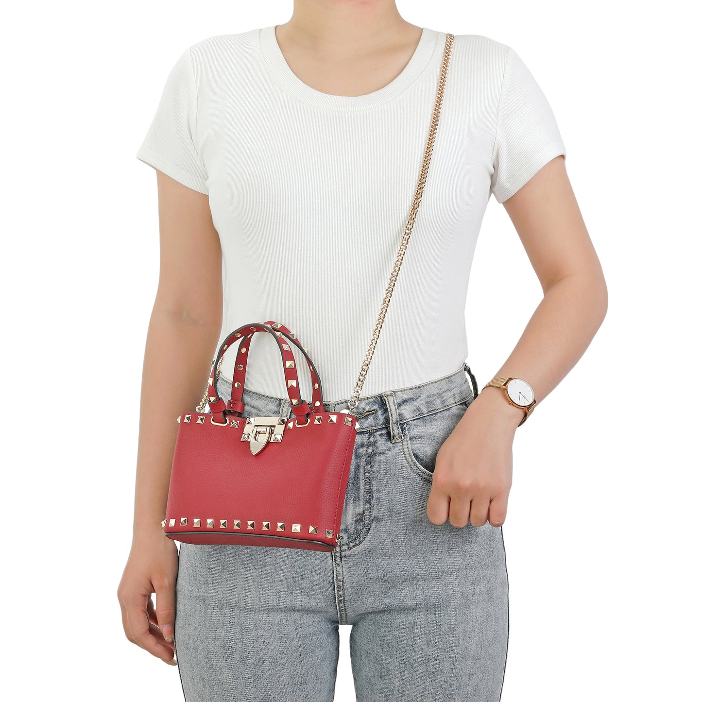 Studded Leather Top Handle Crossbody Bag