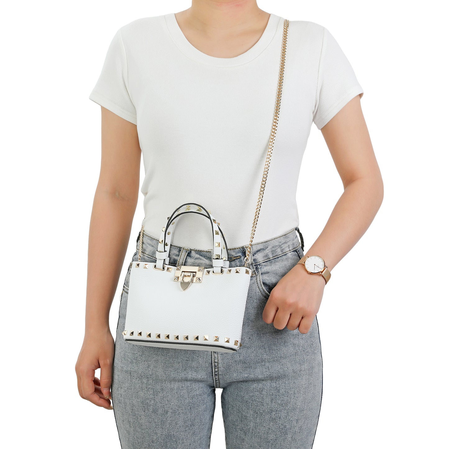 Studded Leather Top Handle Crossbody Bag