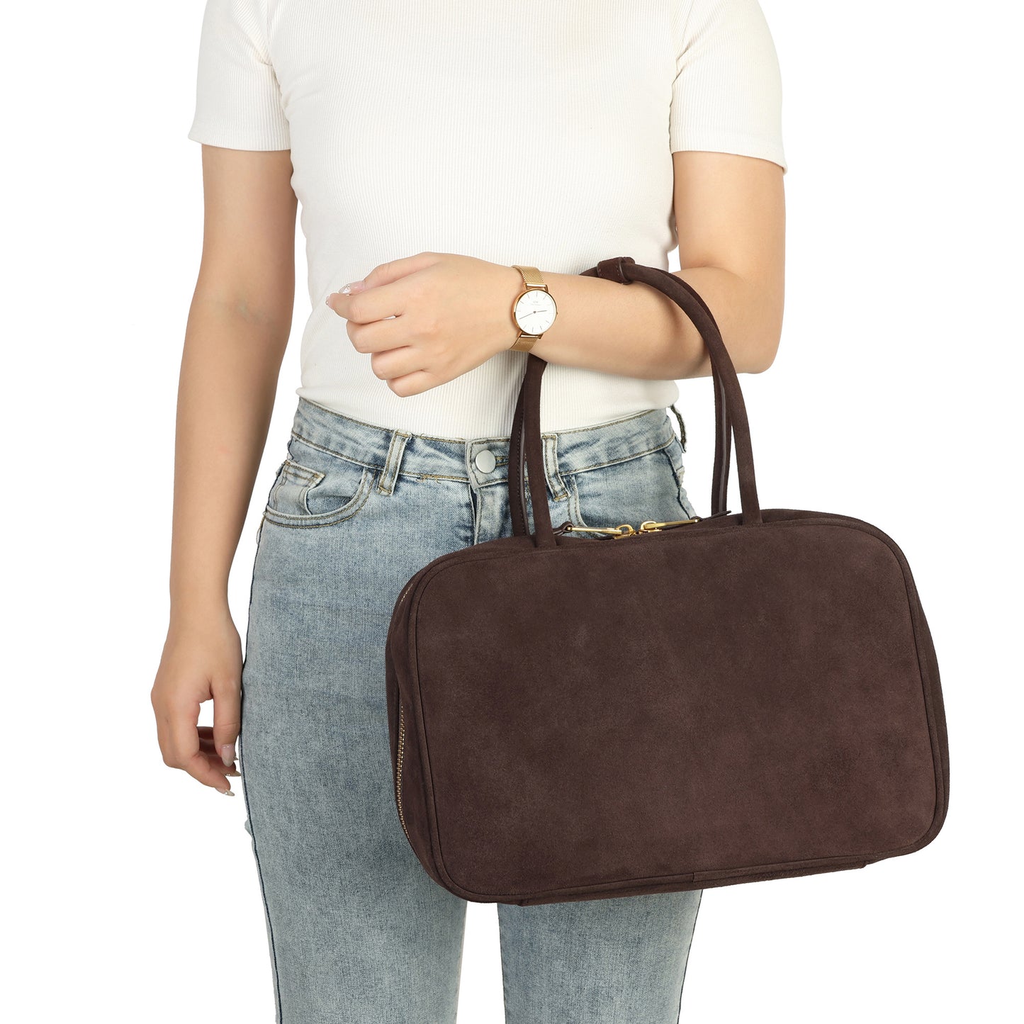 Suede Leather Top-Handle Tote with Double Zip Closure