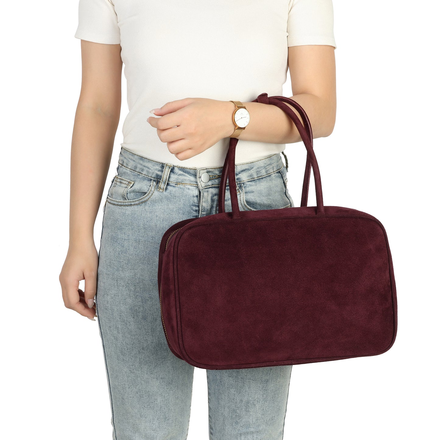 Suede Leather Top-Handle Tote with Double Zip Closure