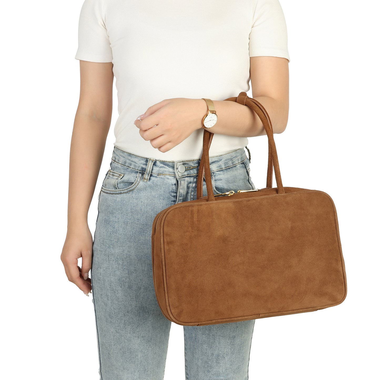 Suede Leather Top-Handle Tote with Double Zip Closure