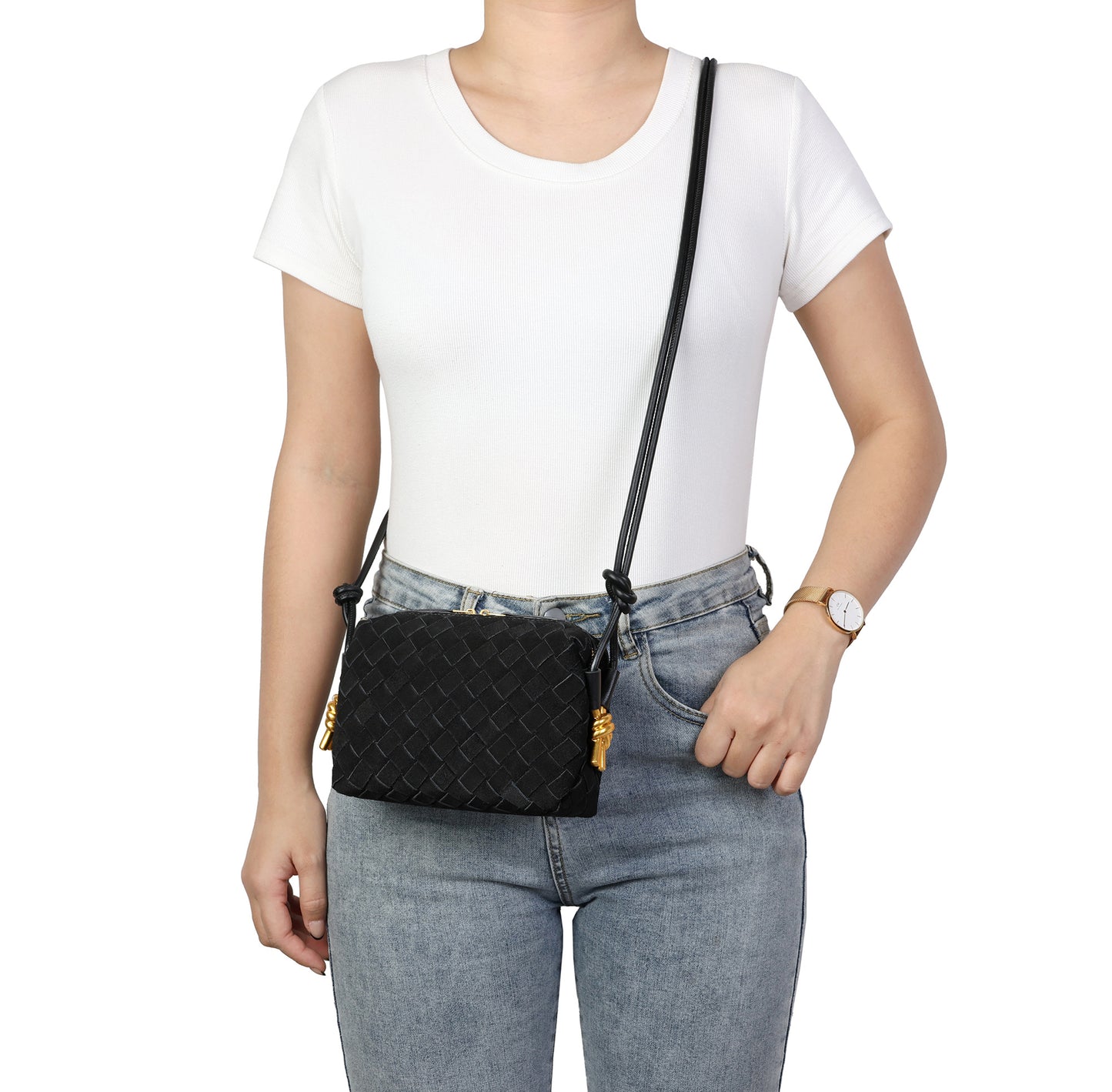 Woven Suede Leather Mini Crossbody Bag with Adjustable Strap