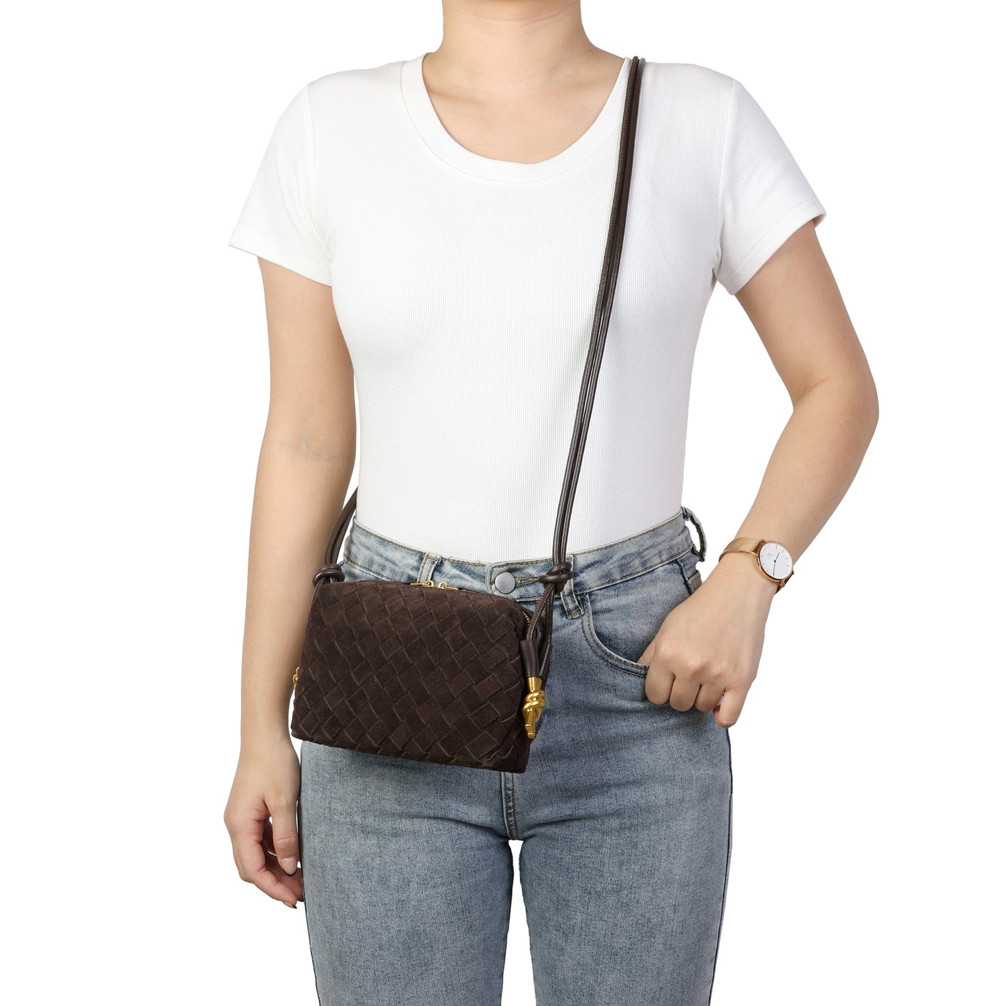 Woven Suede Leather Mini Crossbody Bag with Adjustable Strap