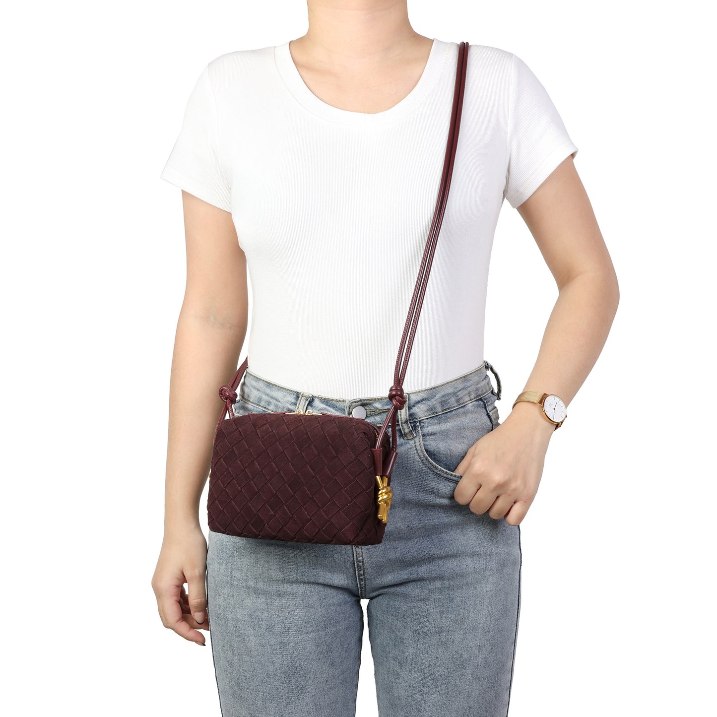 Woven Suede Leather Mini Crossbody Bag with Adjustable Strap