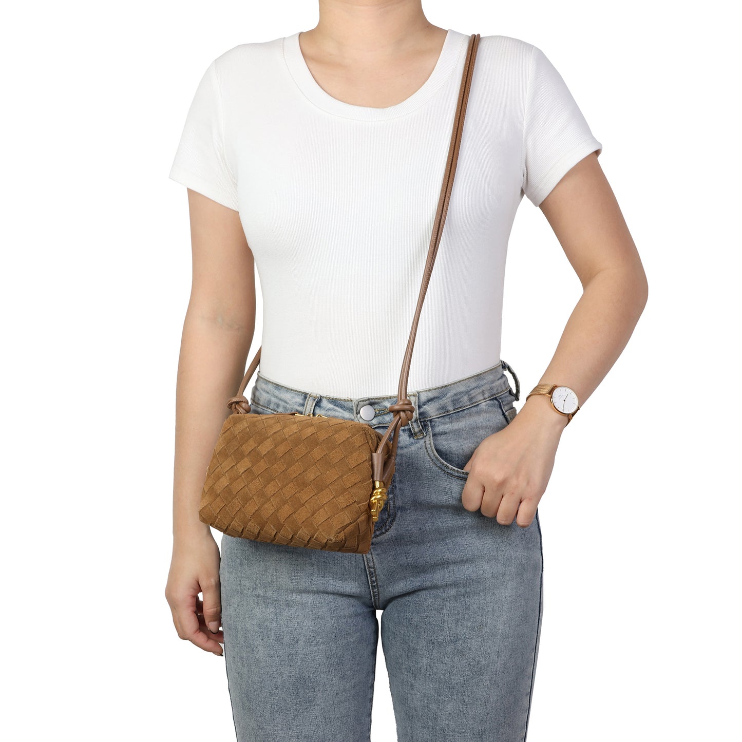 Woven Suede Leather Mini Crossbody Bag with Adjustable Strap