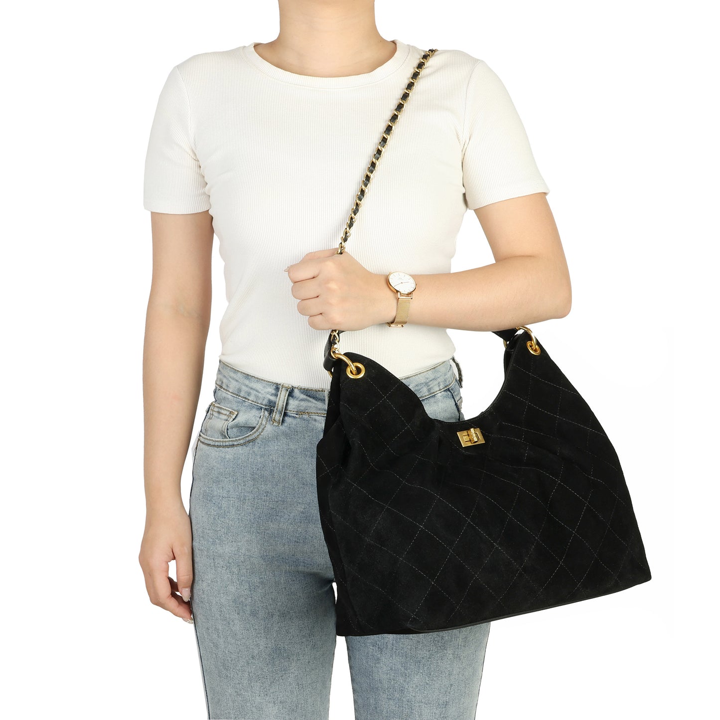 Suede Shoulder Bag with Chain & Leather Strap