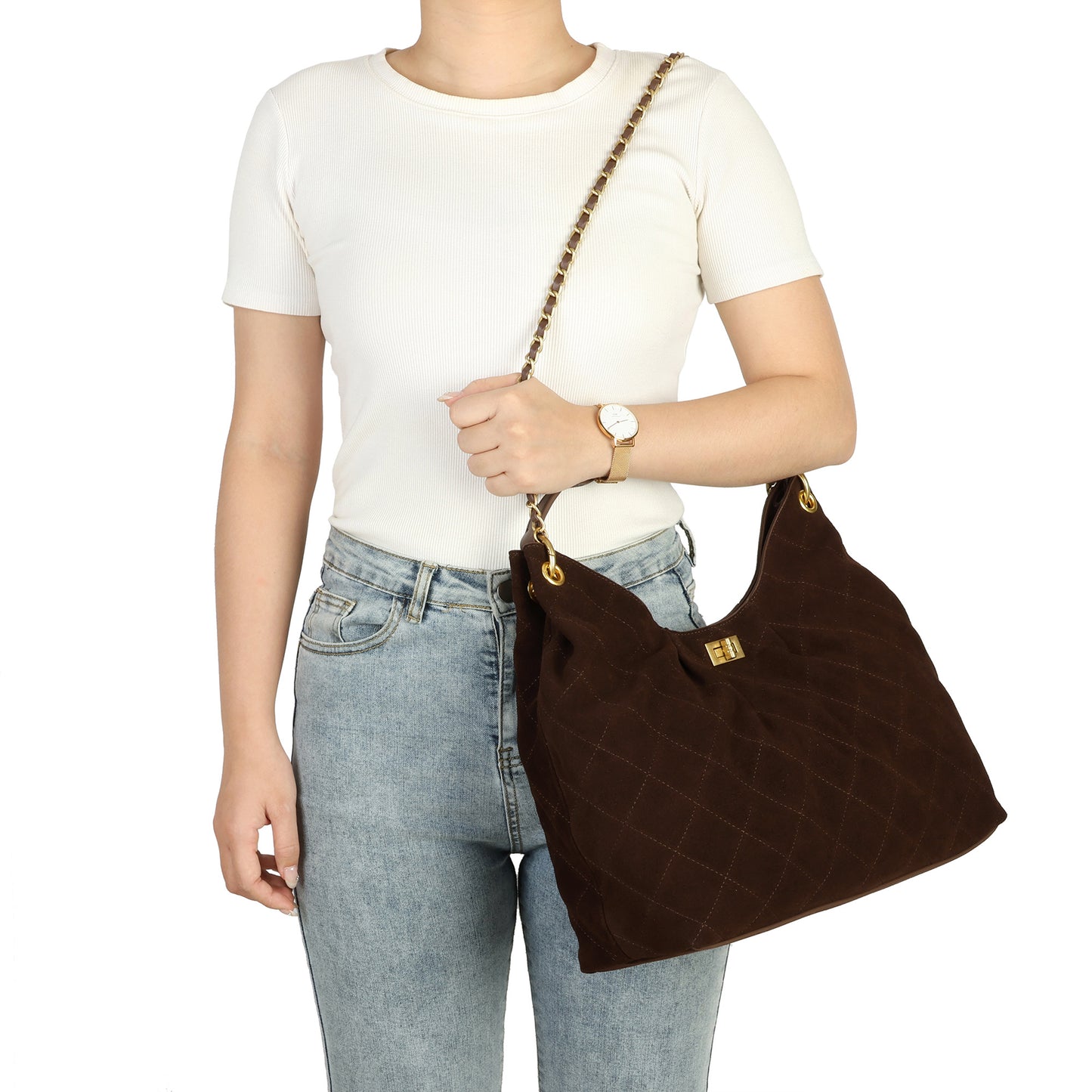 Suede Shoulder Bag with Chain & Leather Strap