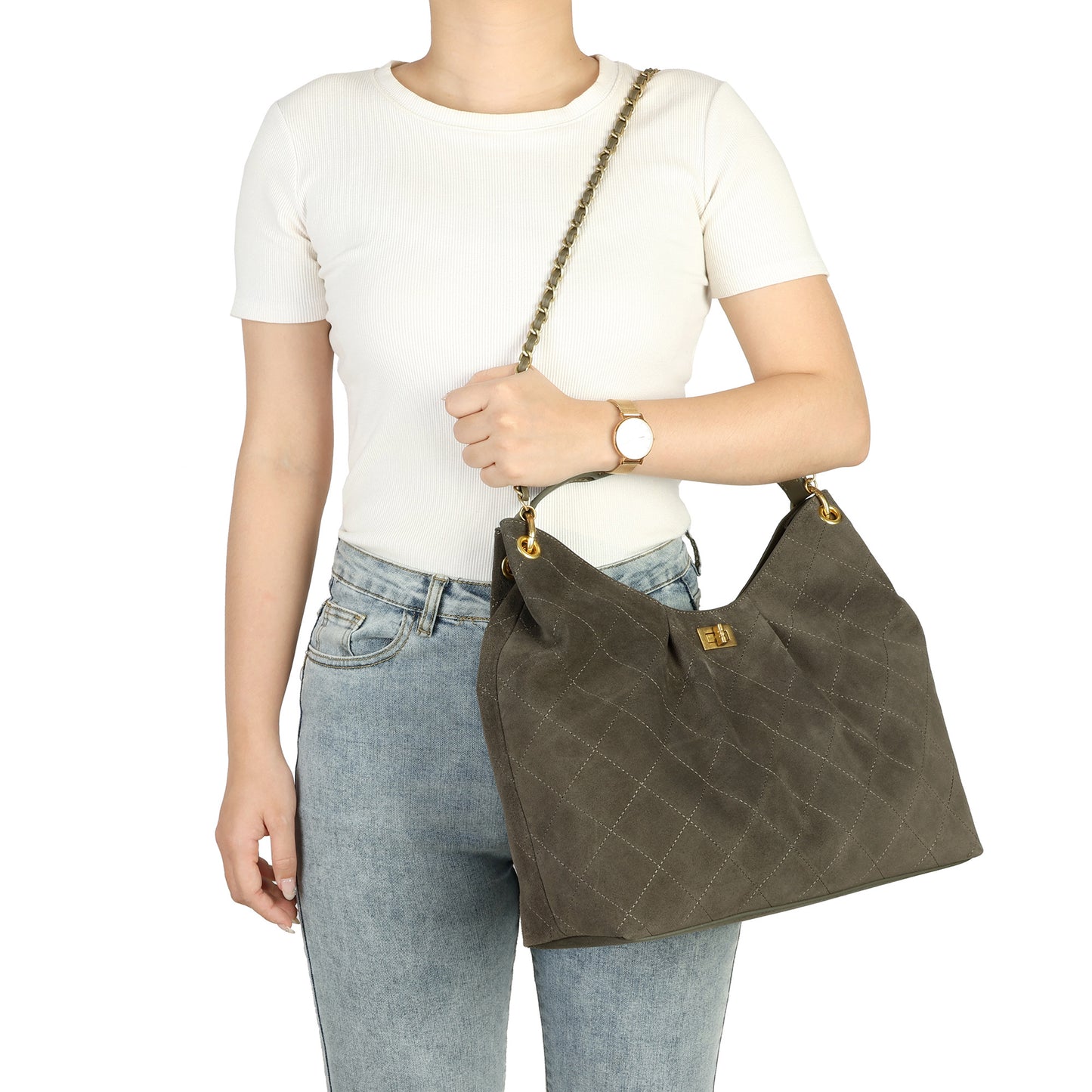 Suede Shoulder Bag with Chain & Leather Strap