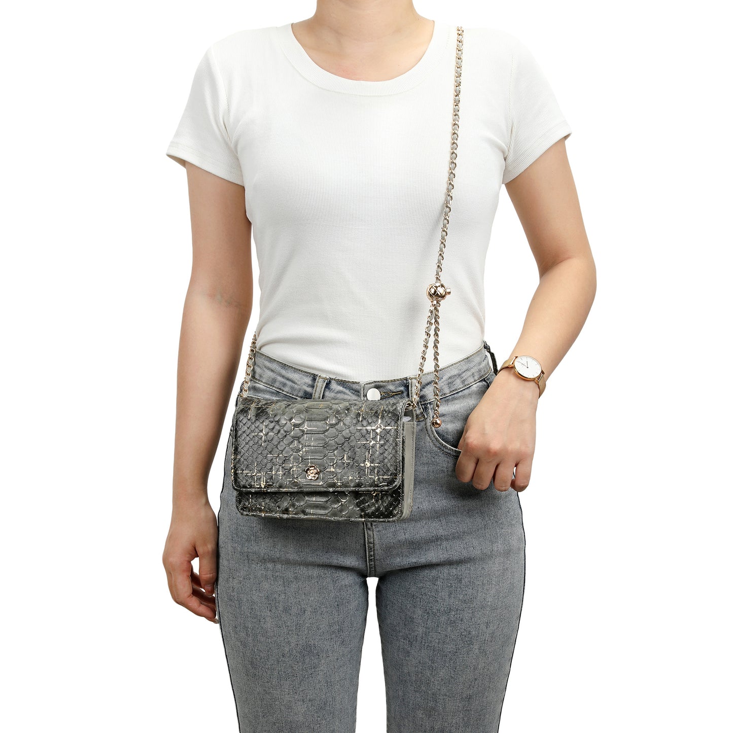 Python Embossed Leather Crossbody/Clutch