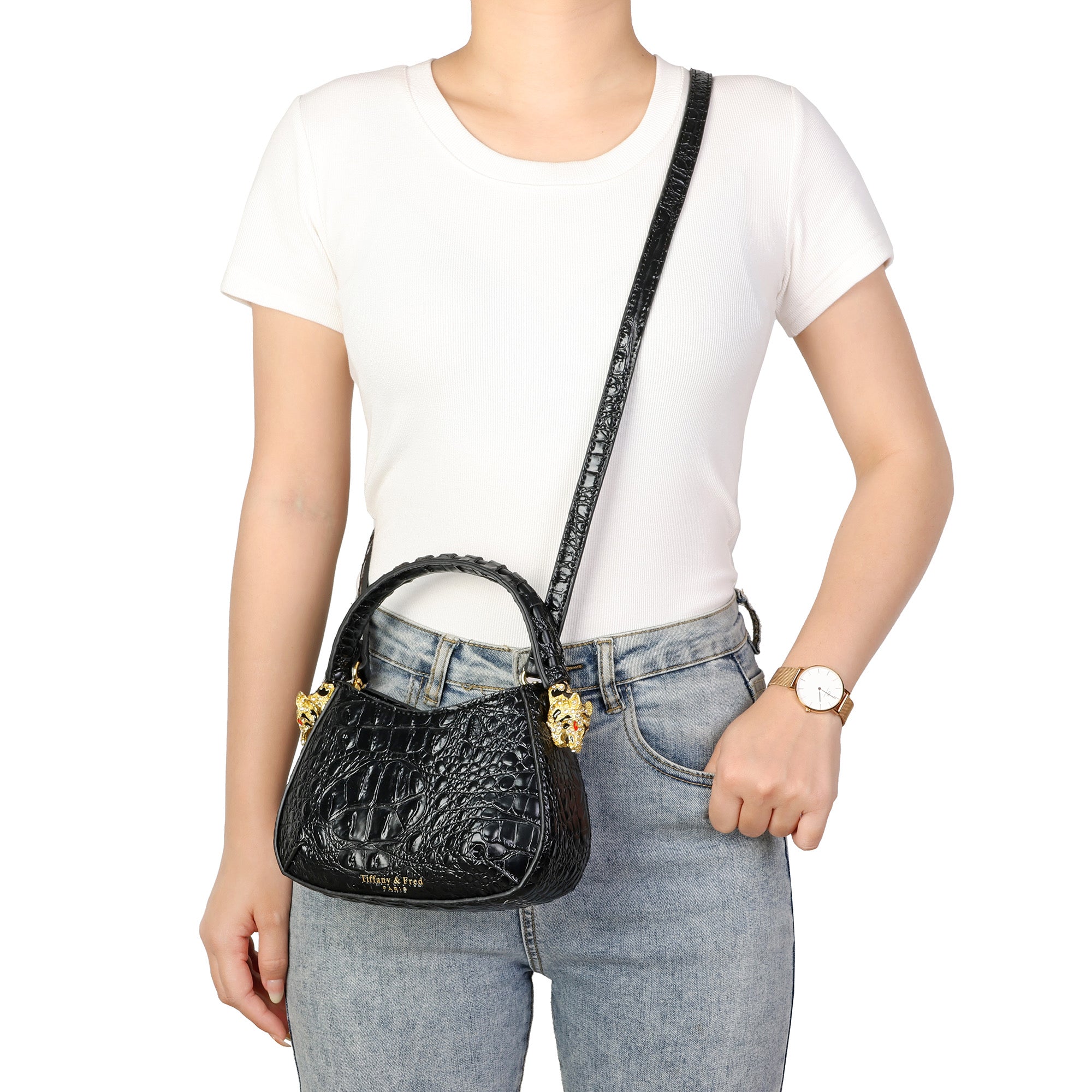 Croc-Embossed or High Gloss Leather Mini Top Handle Crossbody