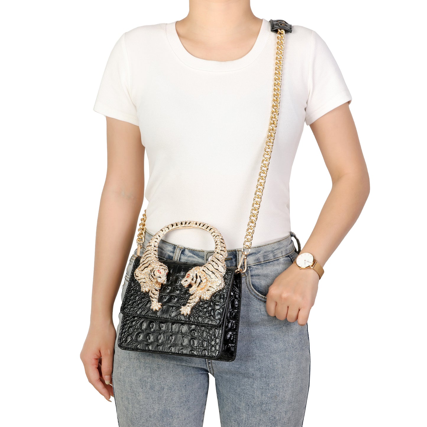 Croc-Embossed Leather Tiger Handle Mini Crossbody