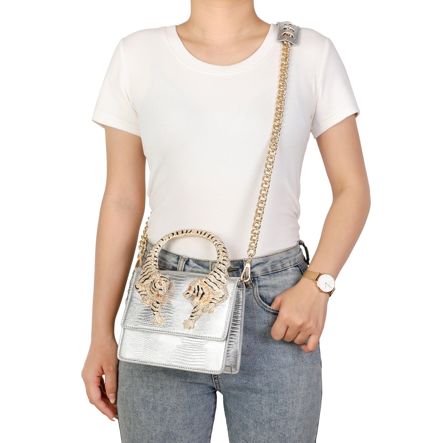 Croc-Embossed Leather Tiger Handle Mini Crossbody