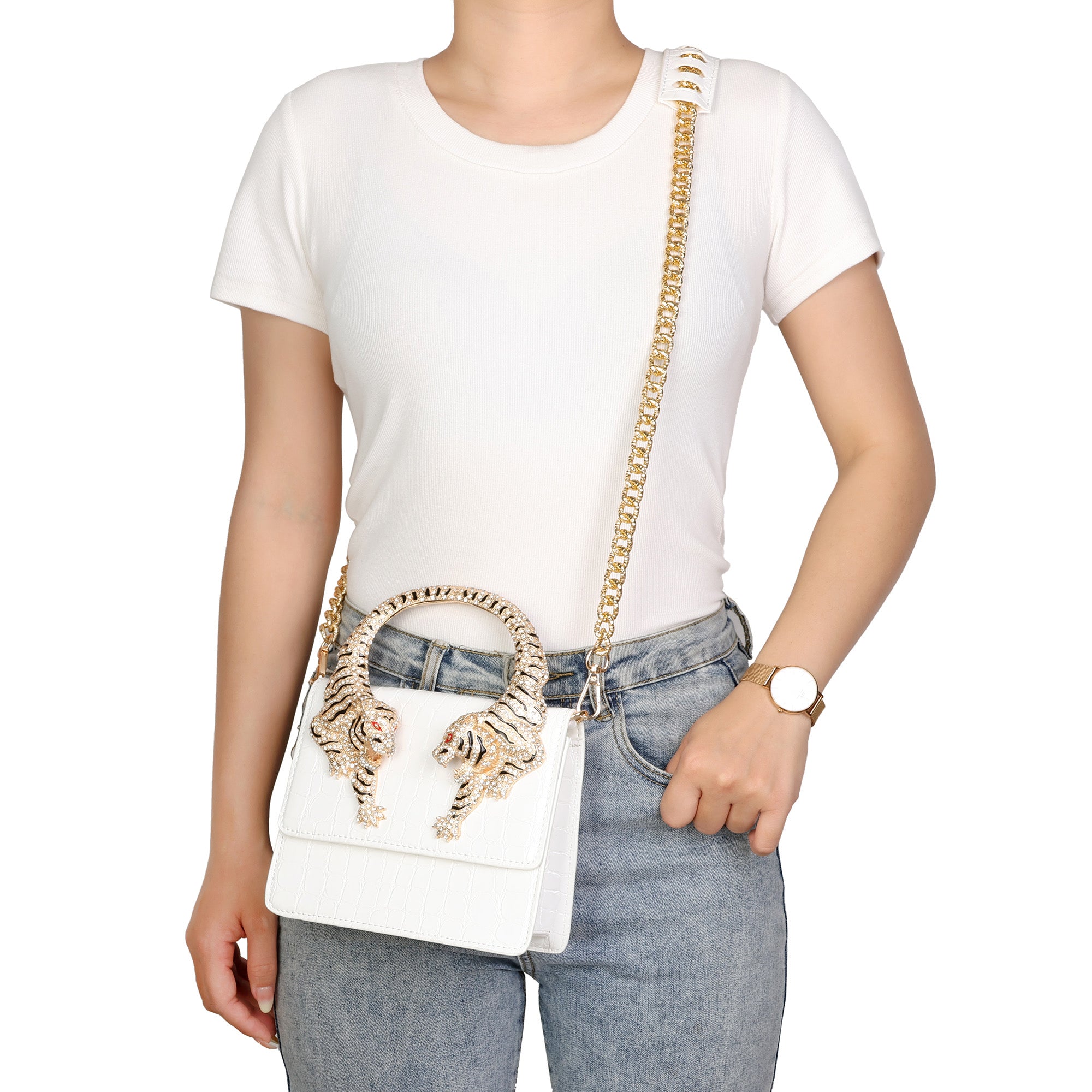 TFFANY★ゴールドチェーンカーフ革パーティーバッグ Croc-Embossed Leather Tiger Handle Mini Crossbody – Tiffany & Fred