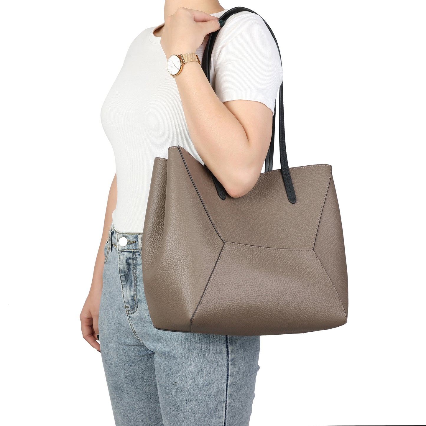 Geometric Leather Tote with Color-Block Design