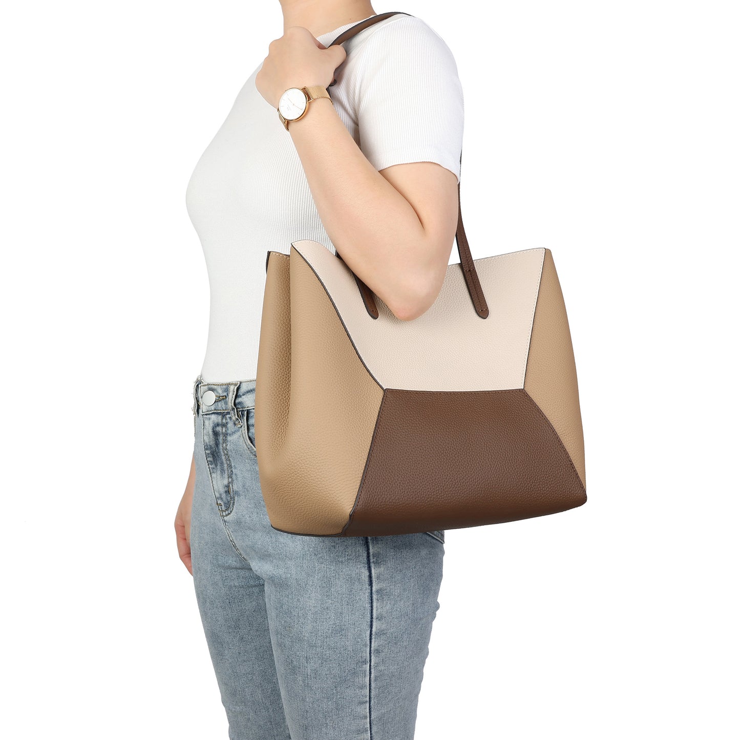 Geometric Leather Tote with Color-Block Design